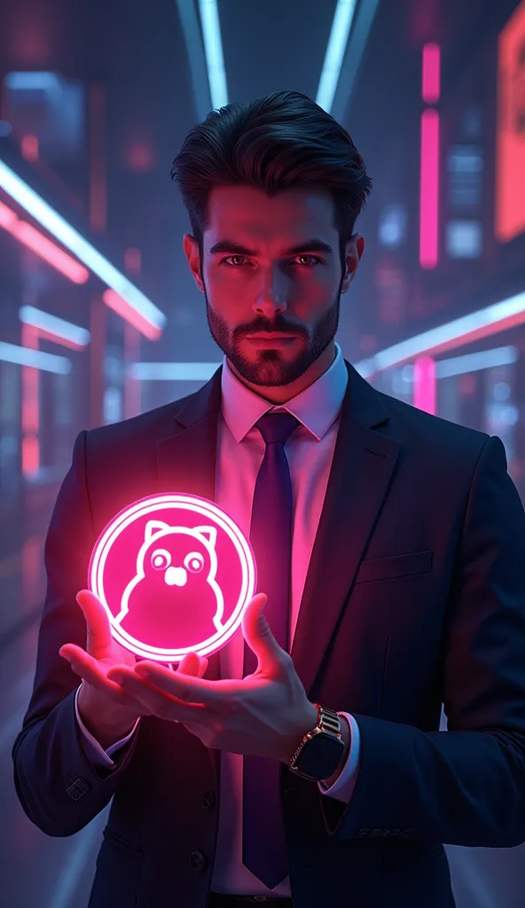 man holding cryptocurrency, babydoge coin , neon effect