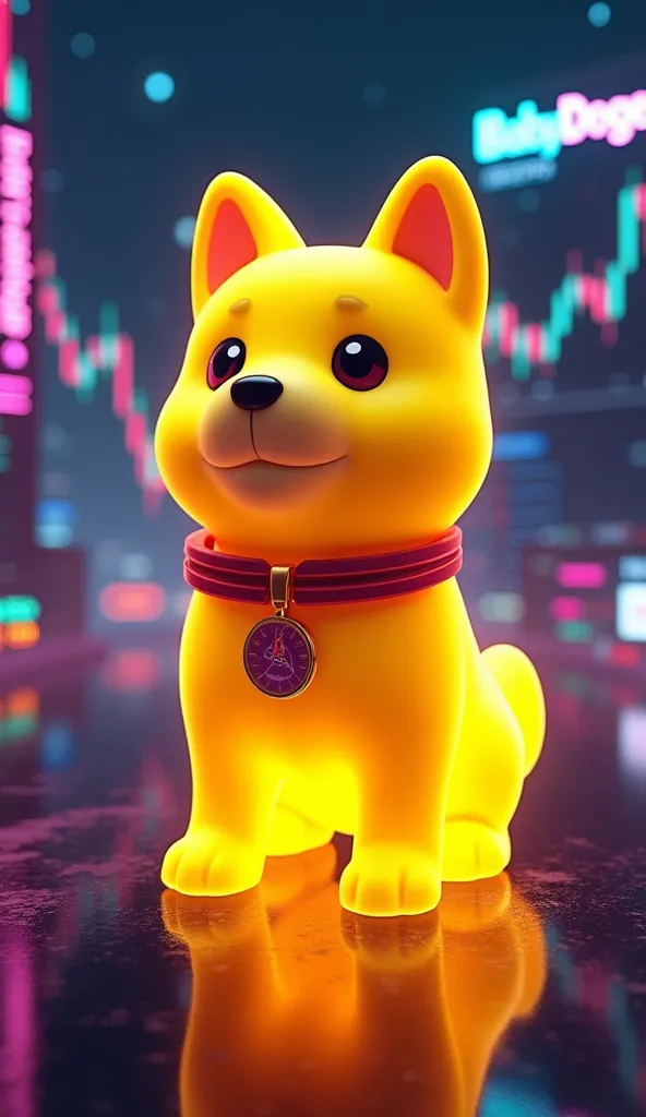 babydoge, yellow neon effect, background crypto market , in background written "babydoge"