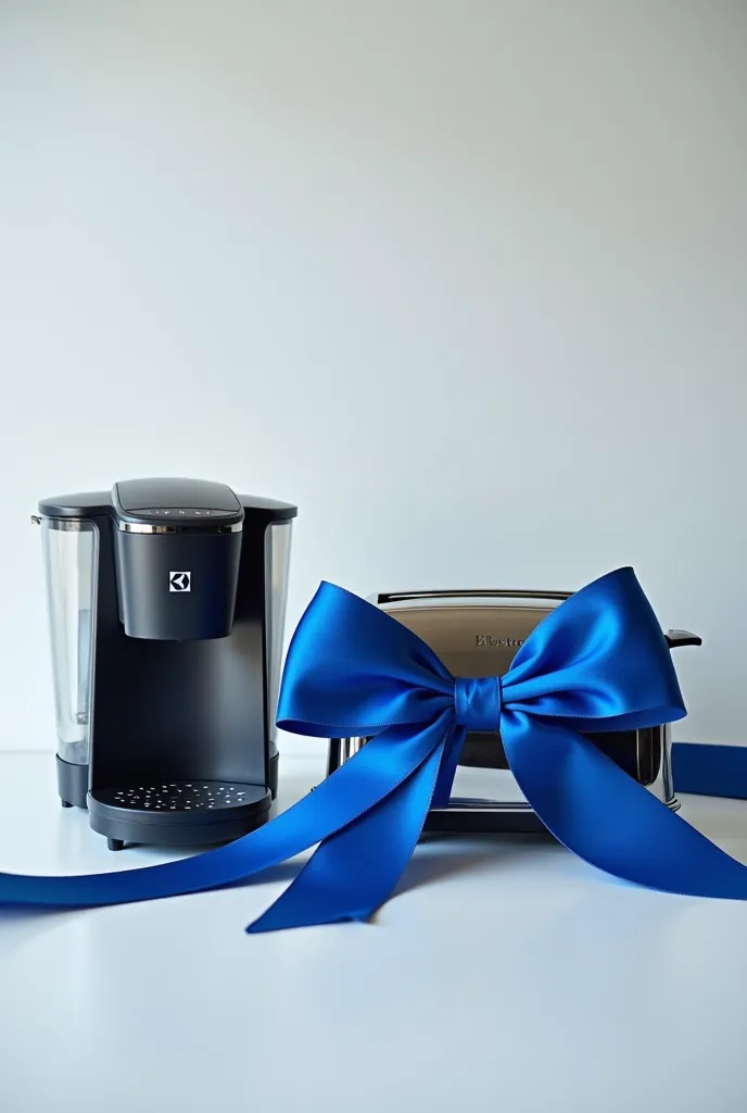 an electrolux ecm10 coffee maker next to an electrolux ets10 toaster with a large blue ribbon the bow only