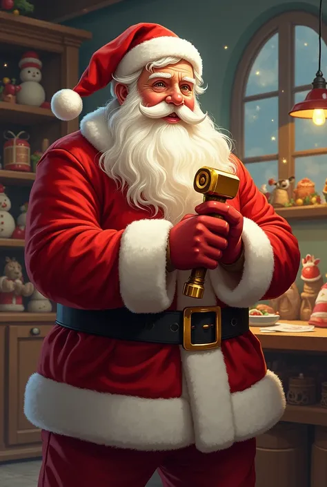 make an illustration of a santa claus holding a golden hammer in one hand