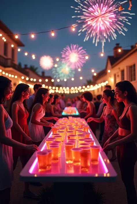 create a picture of a new year's eve party with beer pong tables and fireworks a house party