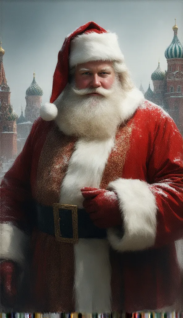 create an ultra-realistic 4k image of a very strong and muscular santa claus, using the colors of russia in his clothes, and is ...