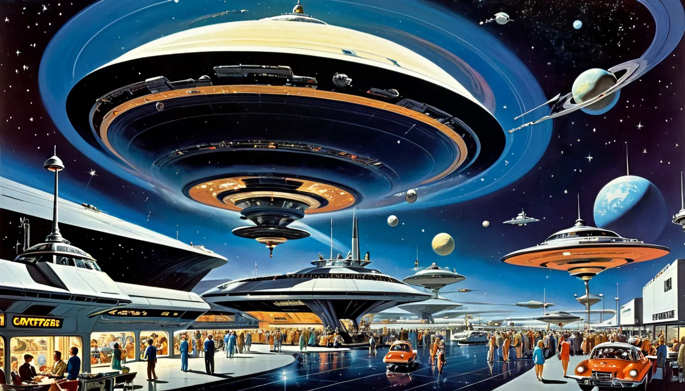 busy cosmoport, outer space, saturn orbit, illustration, scifi, vintagem, by bob layzell. by dl 🉐