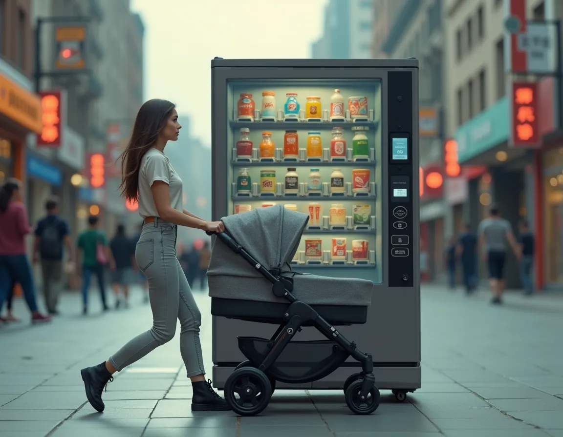 a woman rides a baby stroller with a vending machine behind her shoulder