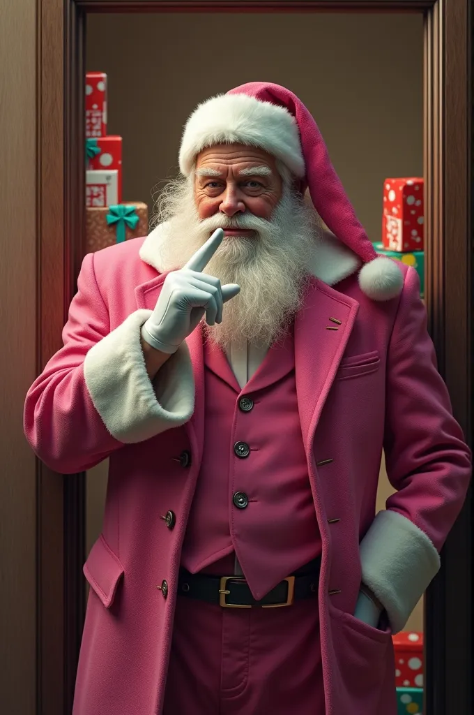 realistic santa claus in a pink suit and presents peeking out the door making the sign of silence in his mouth