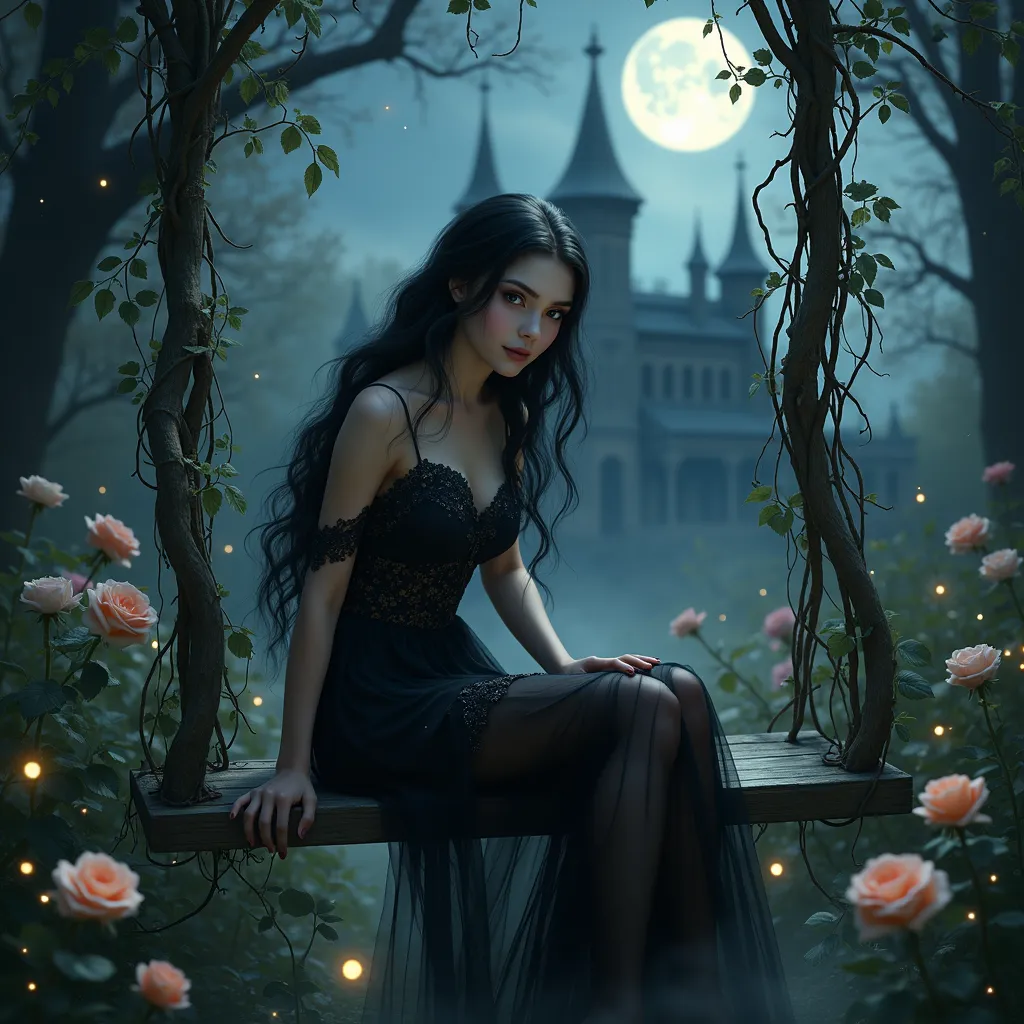 a stunningly beautiful teenage vampire sits elegantly on a swing suspended by thick, twisting vines adorned with glowing silver ...