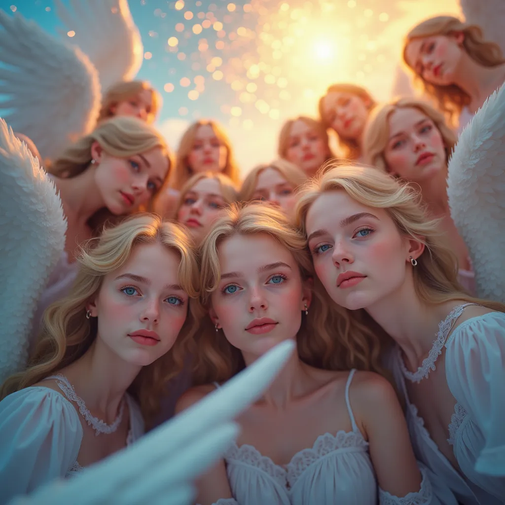 real live-action, (xlabs f.1 realism lora v1), 8k hdr group photo, many innocent angels surrounding the camera in upward composi...