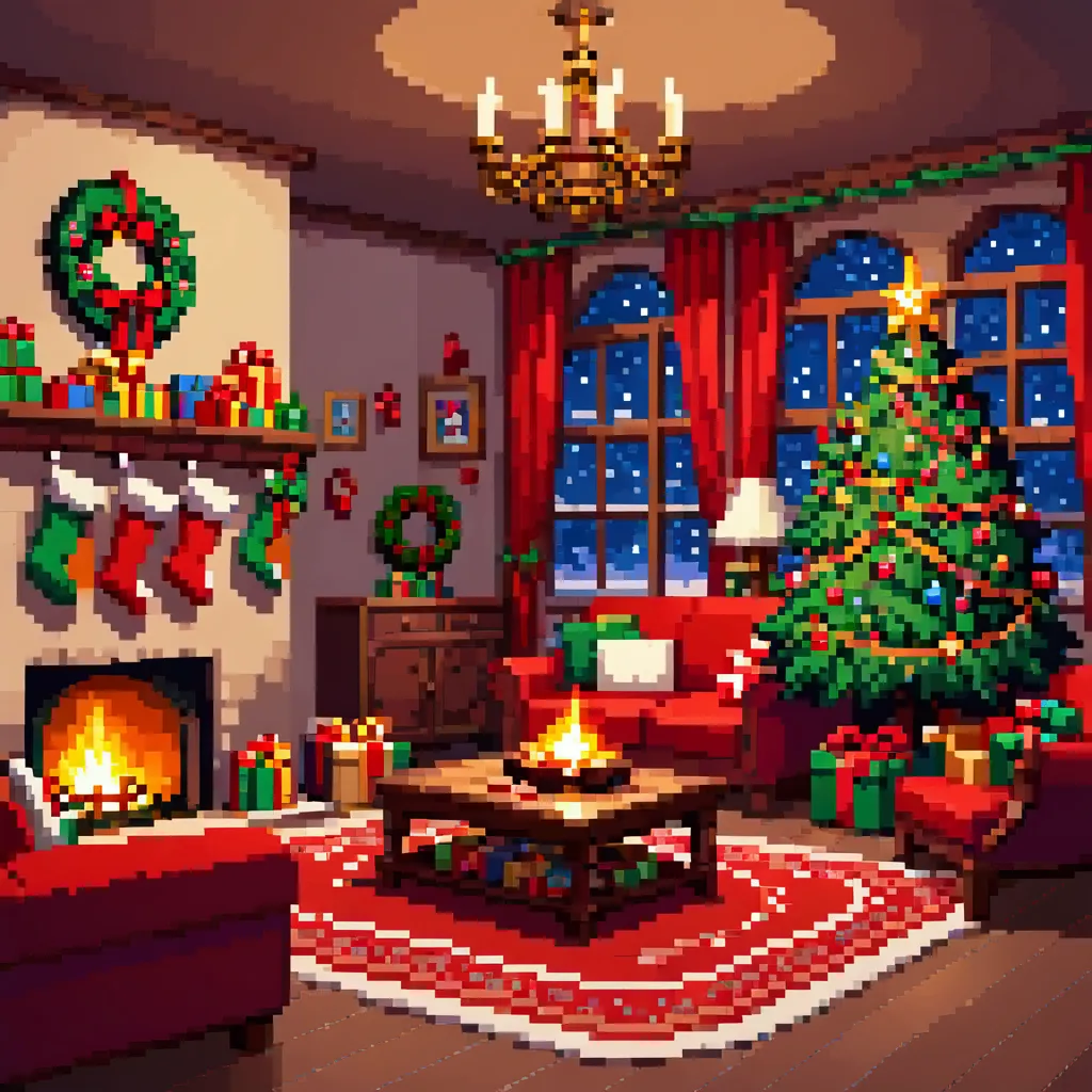 a cozy living room painting ， full of colorful christmas gifts ，christmas tree， very detailed interior design ，  lively colors  ...