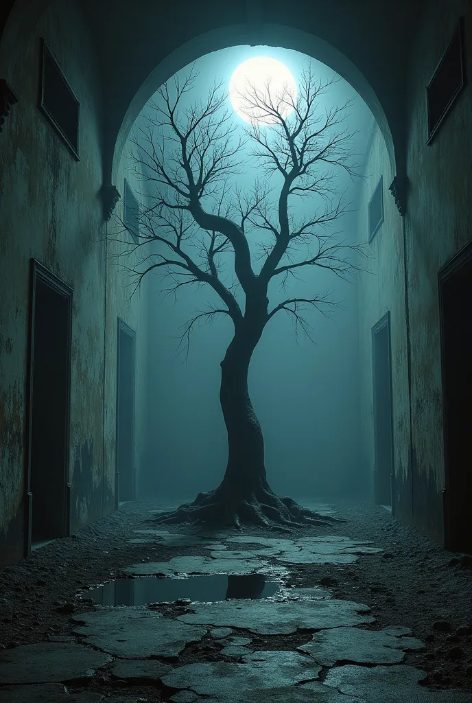 black metal photography, unsettling, creepy, eerie, abandoned hall with a tree growing in the middle, small ponds of water, moon...