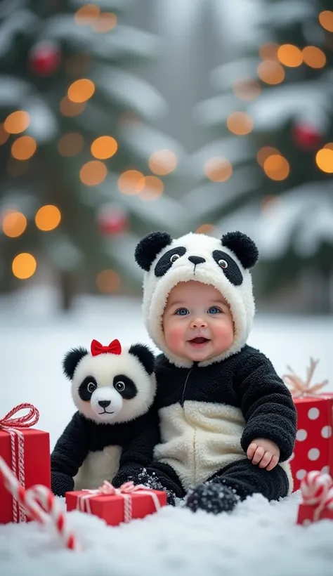 a high-quality christmas photograph showing a baby in a panda costume with festive red and green touches. the baby is sitting in...