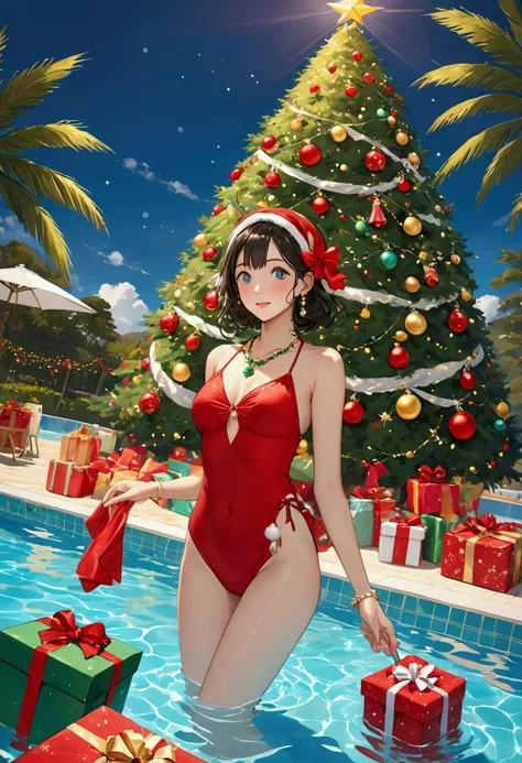 圣诞swimming pool派对、 red and green christmas present ，christmas tree，australian young woman 、christmas swimsuit 、hair accessories，...