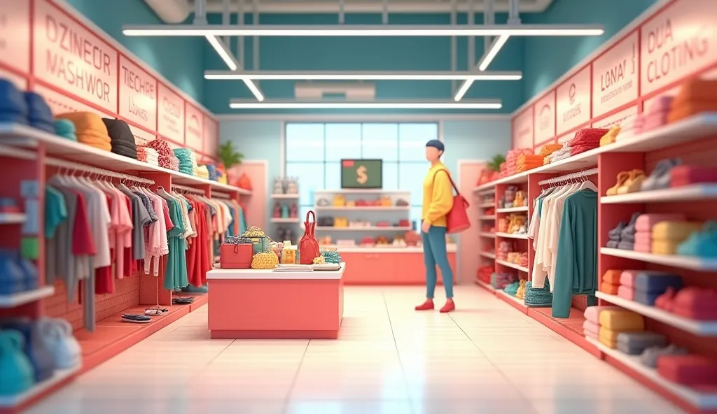 fashion clothing counter in the supermarket, there is an aisle ,  no people ,  3d chibi animation style