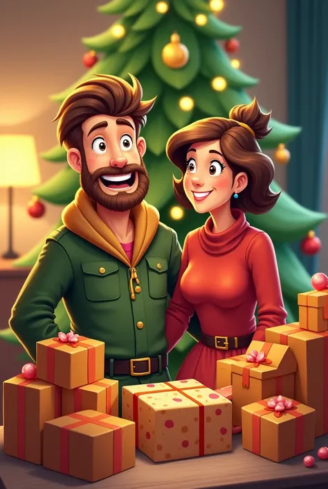 a man with his wife with 5 boxes of panettones on the floor,  a christmas tree in the background ( cartoon)