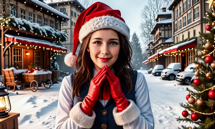 a cute woman, 25 years old, wearing sexy holiday tights, furry christmas boots, gloves, hat and vest, happy expression, playing ...