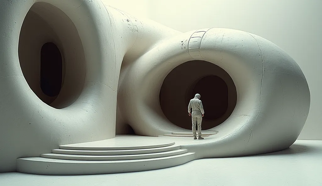 (blend (lee bontecou) x (h.r. giger) x (zaha hadid) x (cristina samsa) styles, sculpt a set design and architecture, a being int...