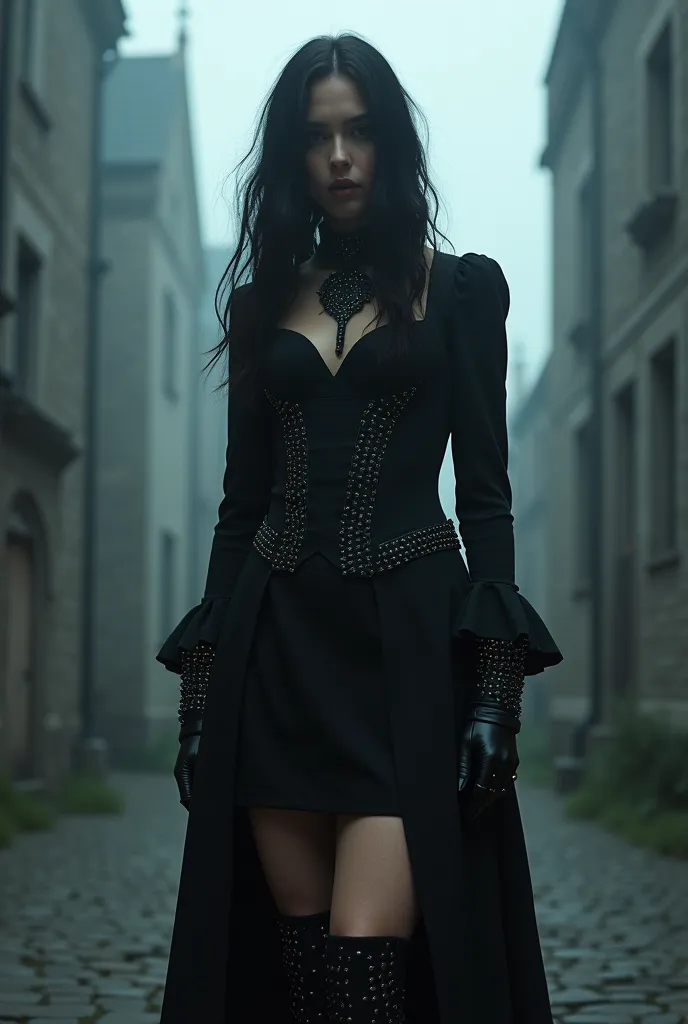 the distinct features of her gothic-style black dress and studded leather boots are accentuated, especially the sharp lines and ...