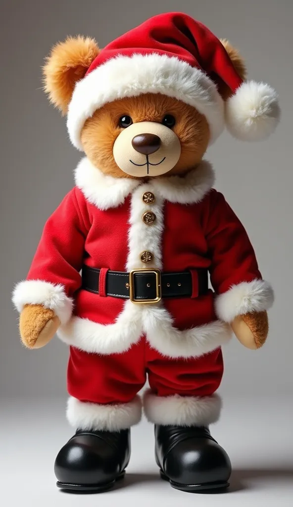 . a stuffed bear wearing a super cute santa costume、front full body angle