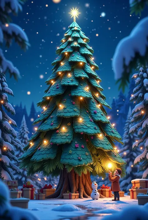 giant frozen tree in christmas , christmas tree,the tree is made from card boards with many light decorations around it, and a p...