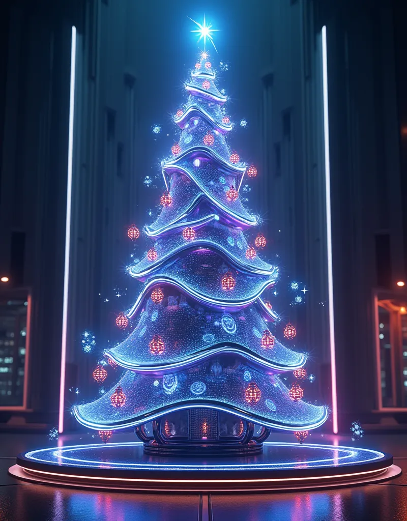 cyberpunk christmas tree, neon lights, holographic ornaments, futuristic atmosphere, steel, digital panels, geometric patterns, ...