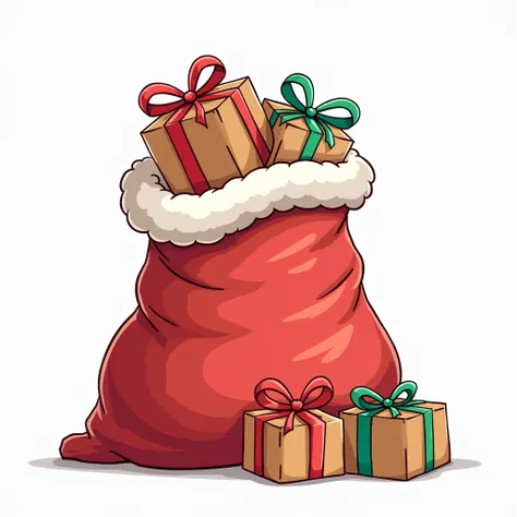 santa's bag with gifts. the sack is open, showing gifts wrapped in packaging and toys. next to the sack are 3 wrapped gifts. dra...