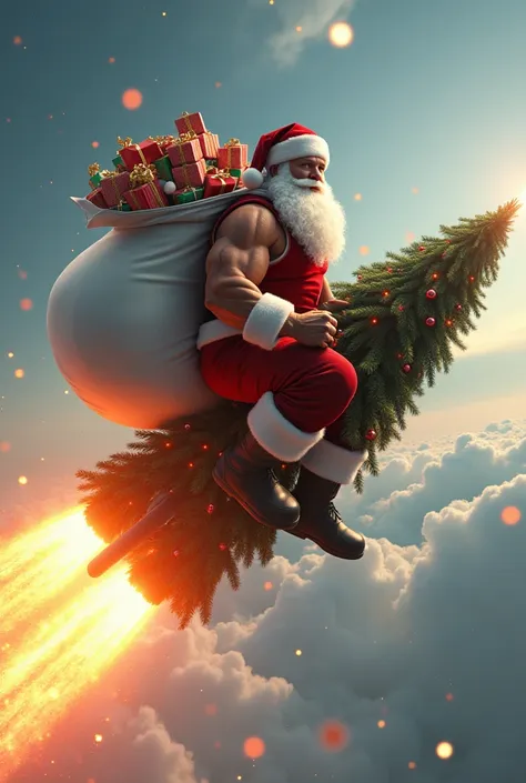 super high definition 、 the muscular santa claus in a tank top has serious eyes and a slight smile on his mouth, and his decorat...