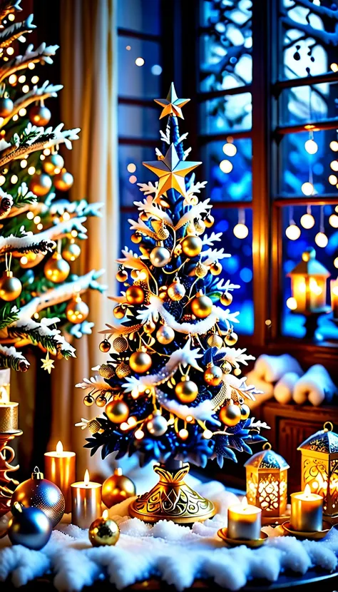 fantasy style,dynamic lighting,glow effect,best quality,intricate details,illuminated christmas tree,ornate decorations,golden a...