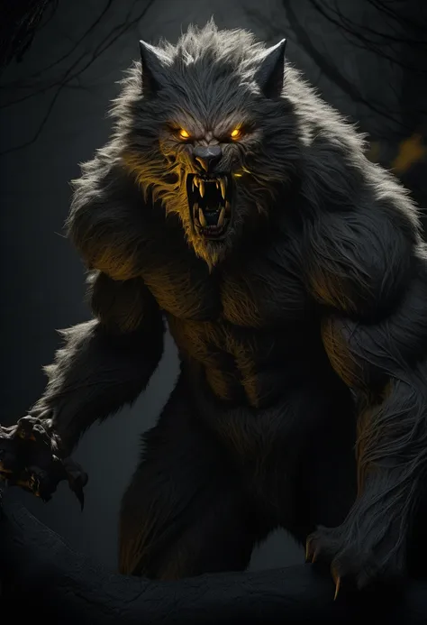 a werewolf, highly detailed, intricate anatomical details, muscular body, sharp fangs, glowing yellow eyes, thick fur, claws, fu...