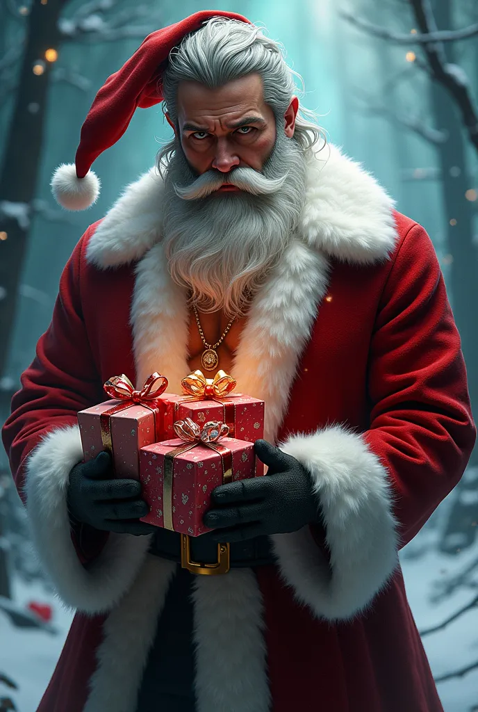 a sexy male santa claus holding christmas gifts in his hands in a fantasy scene