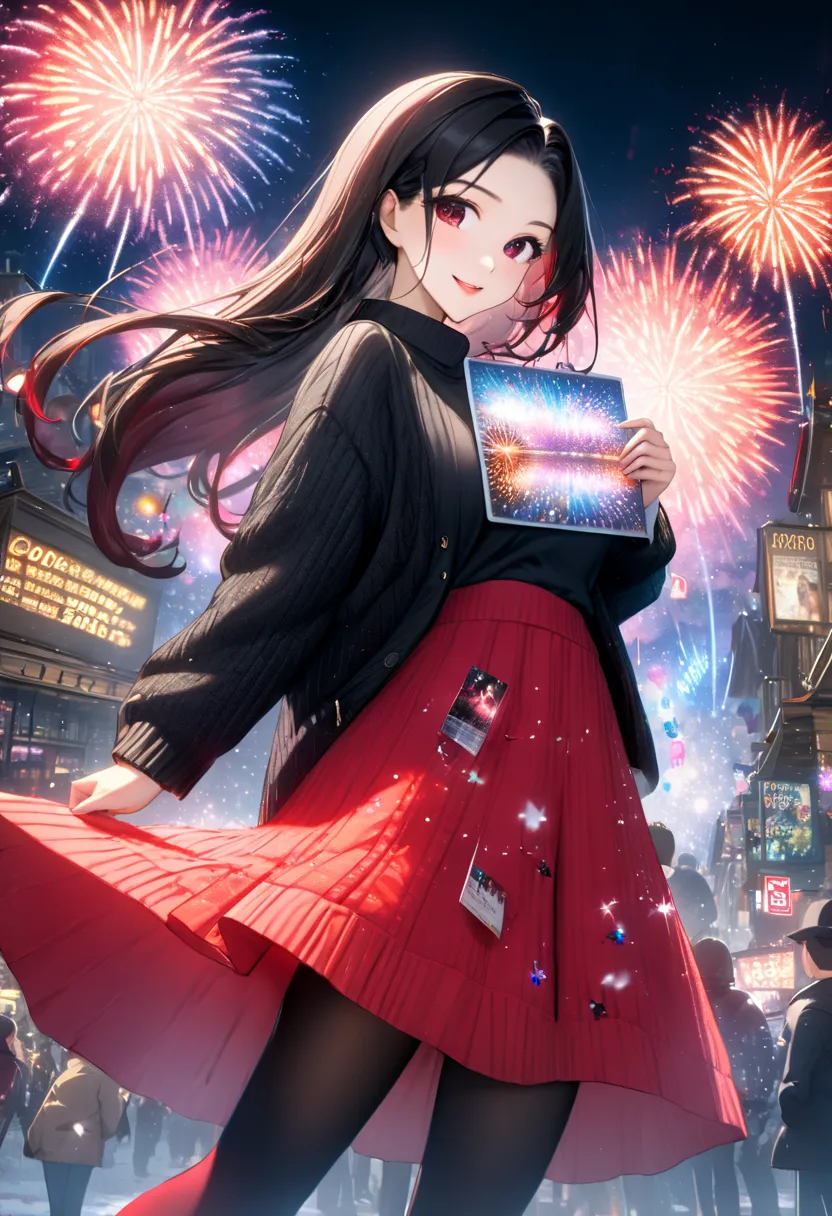 (panoramic, low angle), (ultra quality illustration), (ultra beautiful many fireworks), break, in a winter sweater, outerwear is...