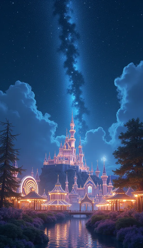 starry sky 、amusement park at night、castle、gorgeous、beautiful、 imaginary、white、 no one、 glitter