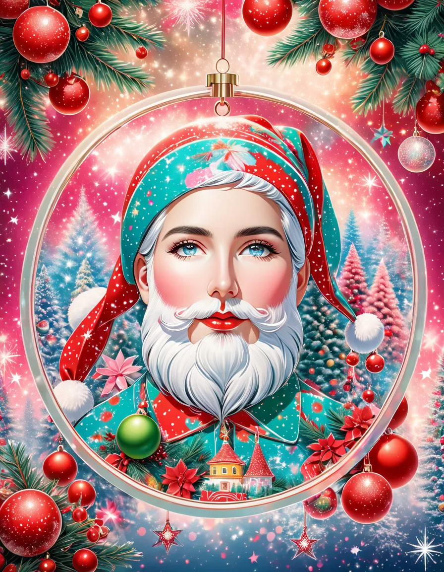 mixing pop art and feminine art, santa claus. fir tree decorations, serene christmas, by emma andijewska, "merry christmas", hyp...