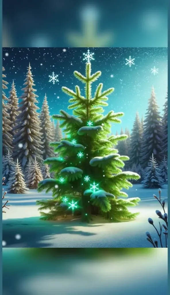 "create a snowy winter scene featuring a beautifully illuminated christmas tree in the foreground. the tree is adorned with glow...