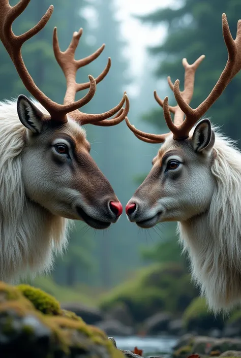 hyperreal 、photograph、 old reindeer with white beard、female old reindeer 、 facing each other 、male reindeer's nose is red