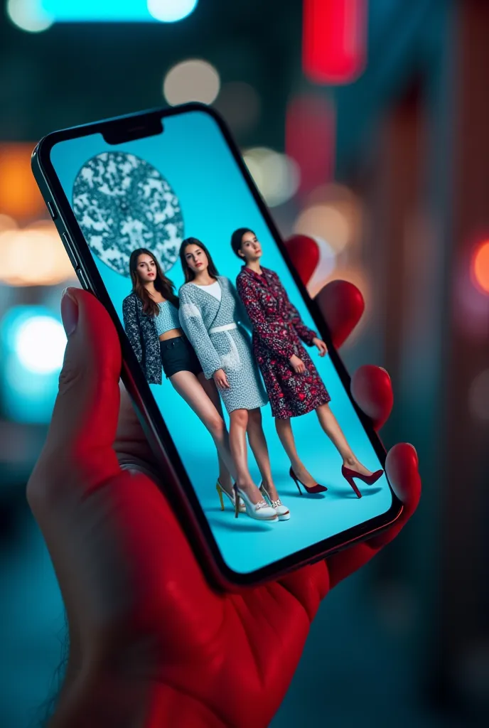 a dramatic close-up of a tiktok interface -  smartphone playing video of fashion wears online shopping  advertisement