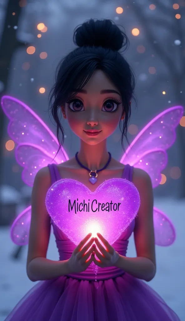 a beautiful  ,  black hair in a bun in a purple pink luxurios dress  , wears glowing purple transparent wings she smiles softly ...