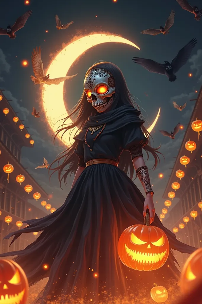 fire dust background, pumpkin light festival, lantern festival,night,girl skull