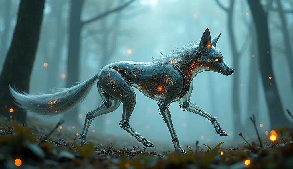 a mechanical fox with gears and clockwork visible through its translucent fur, running through a misty cyberpunk forest.