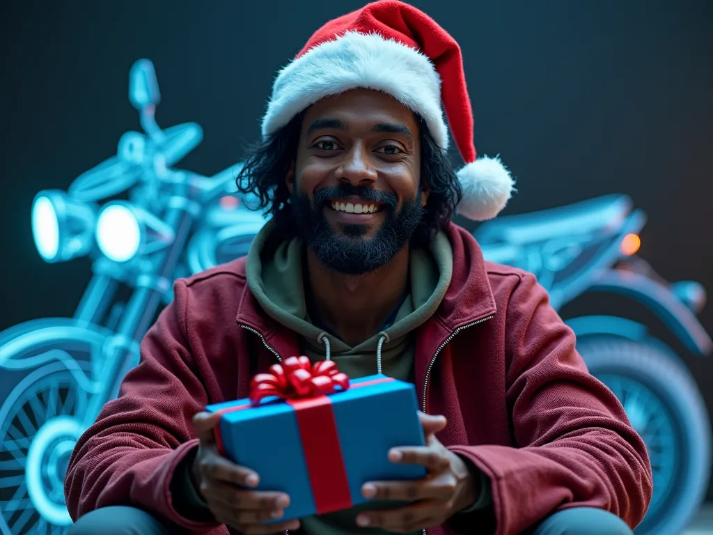 Un homme métis malagasy à la peau sombre, cheveux cours avec un bonnet de pere noel,vêtu de vêtements décontractés, assis et sou...