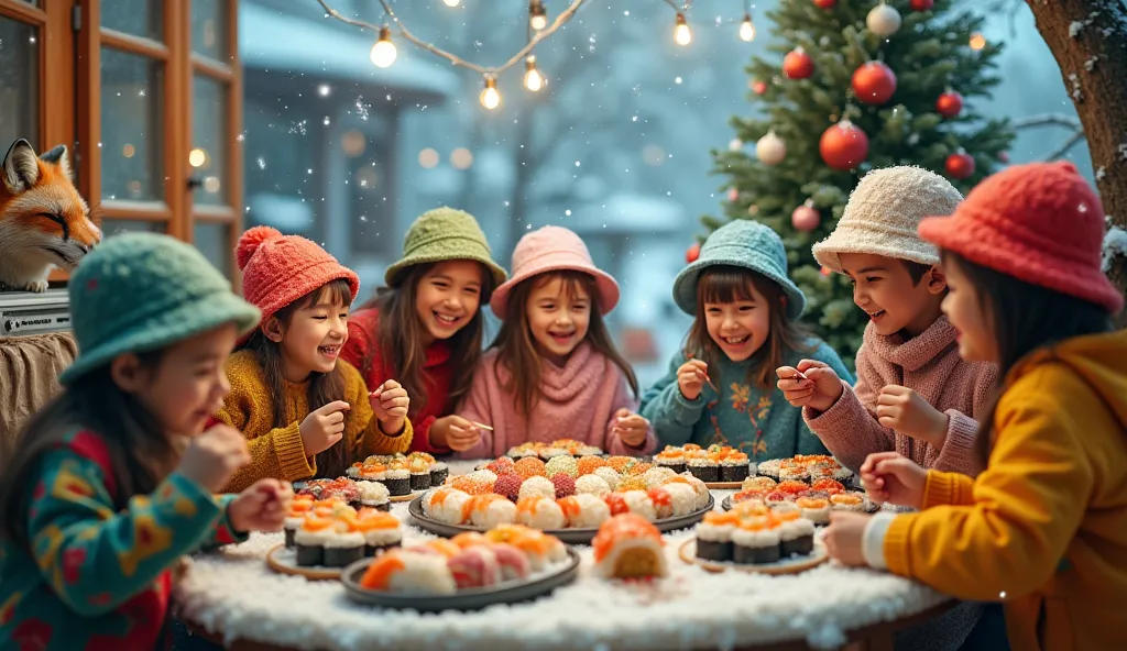 wear colorful gear and bucket hats for sushi from an unknown manufacturer、a 、 surreal photos 。there's a boom box in the corner 。...