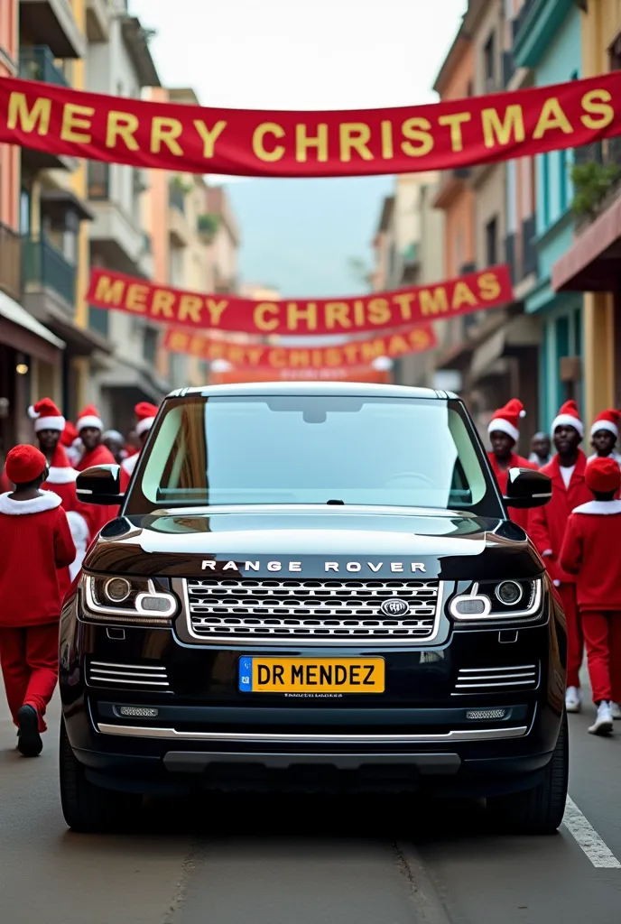 a modern black range rover parked in the middle of a bustling urban street surrounded by tanzanian ren dressed in full christmas...