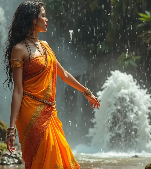 hot indian married woman wearing orange saree dancing near a waterfall , facing the waterfall, all the water drops falling on he...