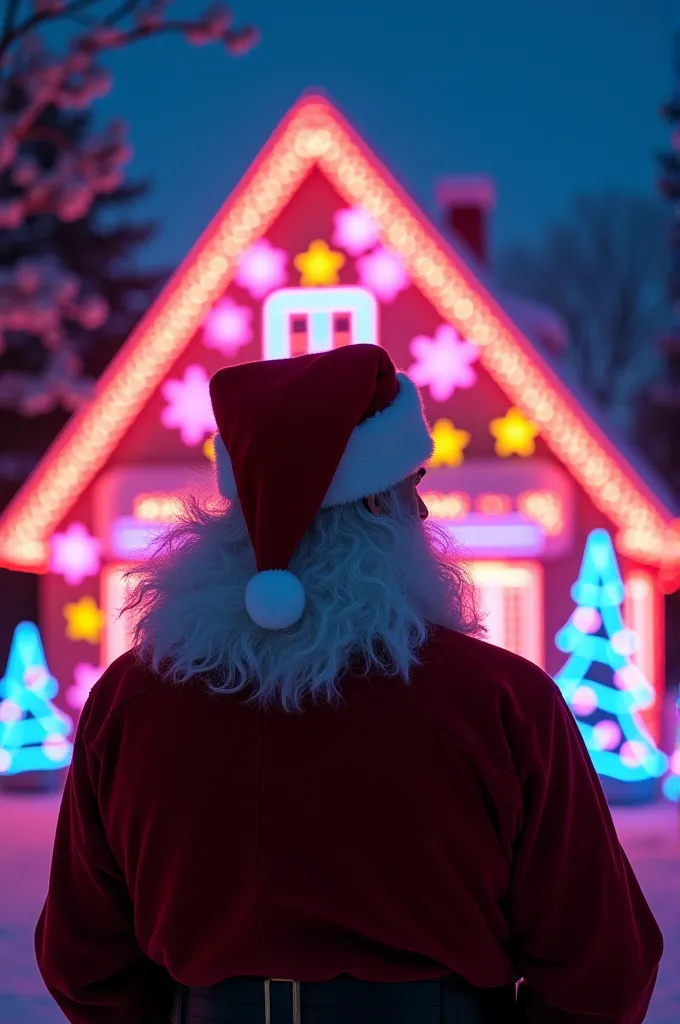 santa behind neon house