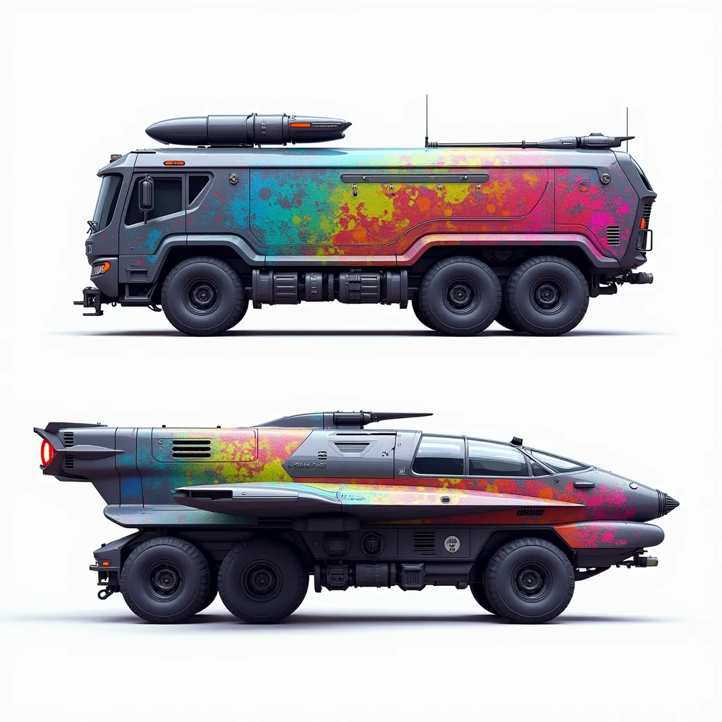 futuristic flying long bus dump truck buggy spaceship hybrid, sleek design, covered in rainbow batik pattern and glowing rgb run...