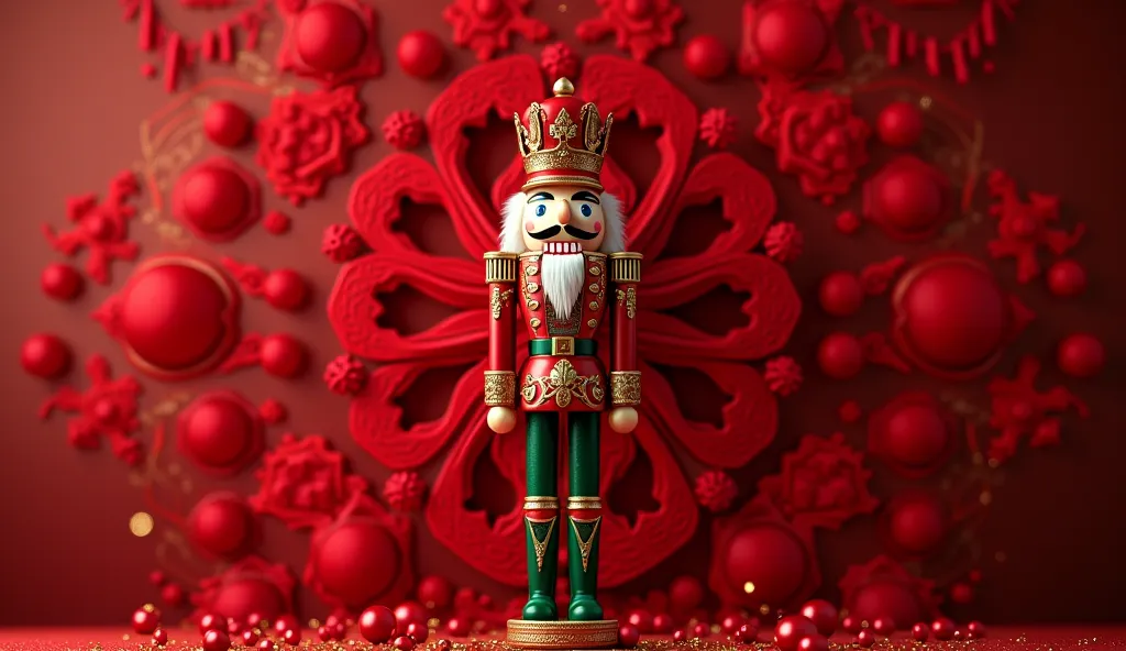 red-green-gold nutcracker on a red background kaleidoscope, 8 k