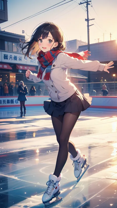 winter outdoor ice skating rink    、  winter clothes、 scarf、 pantyhose、 girl in a mini skirt is ice skating、  my skirt is flutte...