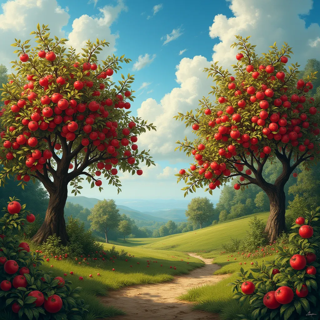 old early renaissance style image with highlighted color, of a beautiful and lush nature with a few red apple trees with blue sk...