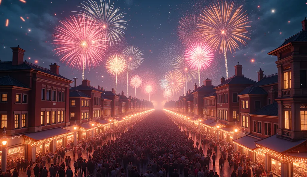 A vibrant New Years Eve cityscape at night viewed from above, showcasing colorful fireworks exploding in the sky. The scene feat...