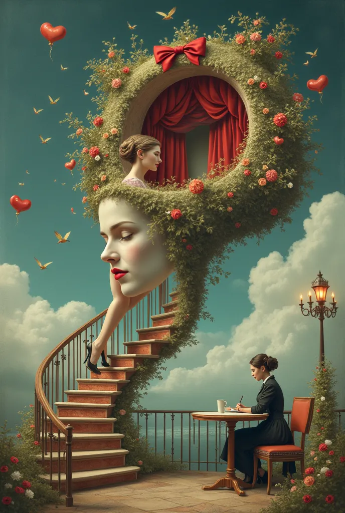 surrealism artwork, a woman in dress walking upstairs in the floating victorian staircase with flower, a victorian theatre stage...