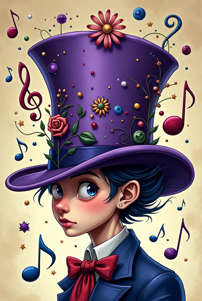 i want a drawing of a purple bowler hat with ornaments related to music