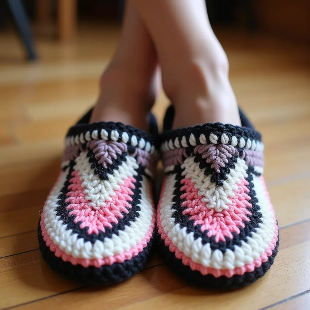 nice flip flop slippers design crochet with wool trendy design on wool slippers and separate design white black pink color full ...